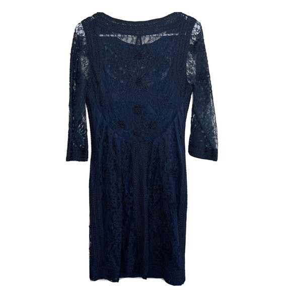 SUE WONG NOCTURN Lace Cocktail Dress Navy Blue Lace Appliqué 10 Long Sleeve t19 - Picture 5 of 8